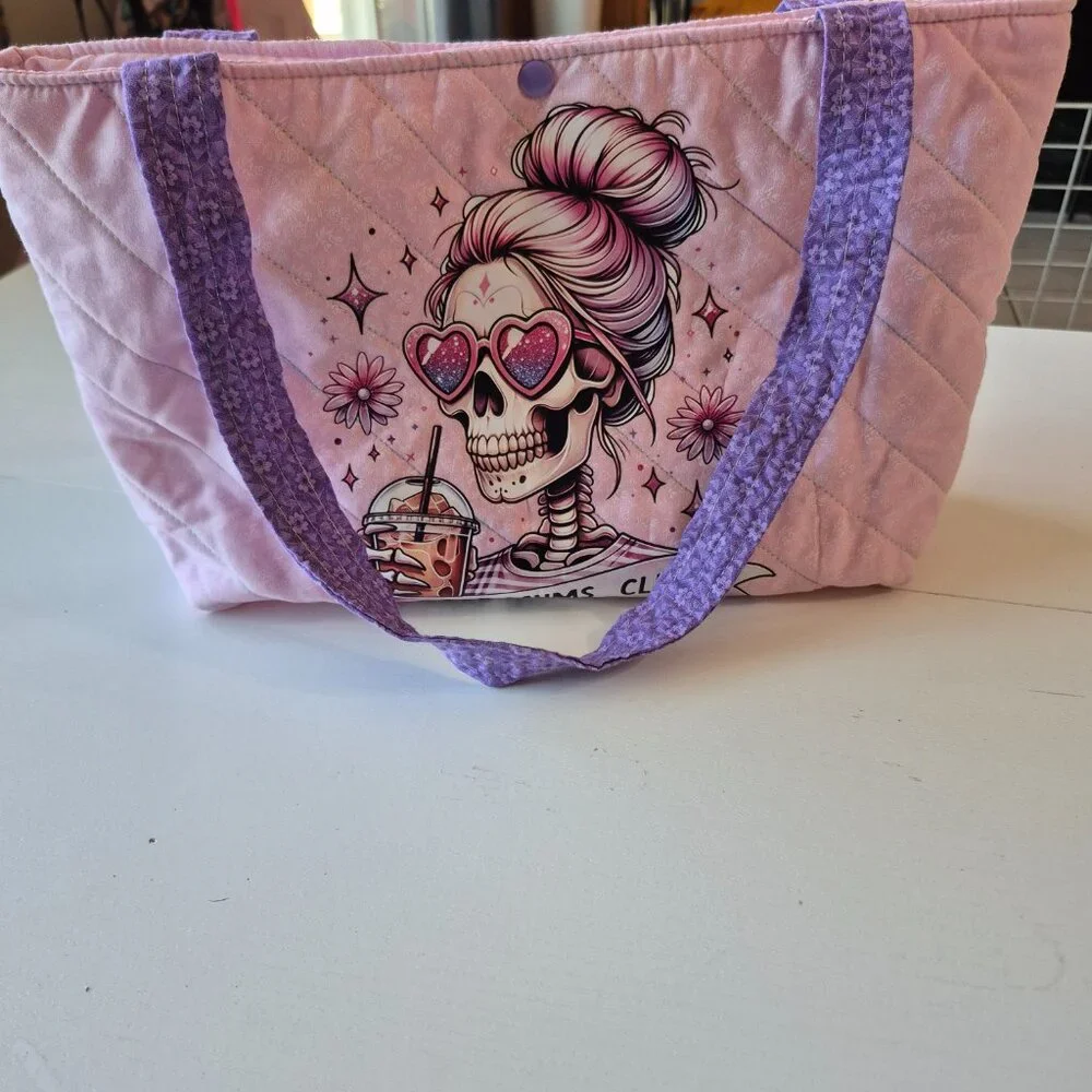 Cool Mums Club Quilted Tote -‎ Skull with Heart Glasses & Coffee - Handcrafted